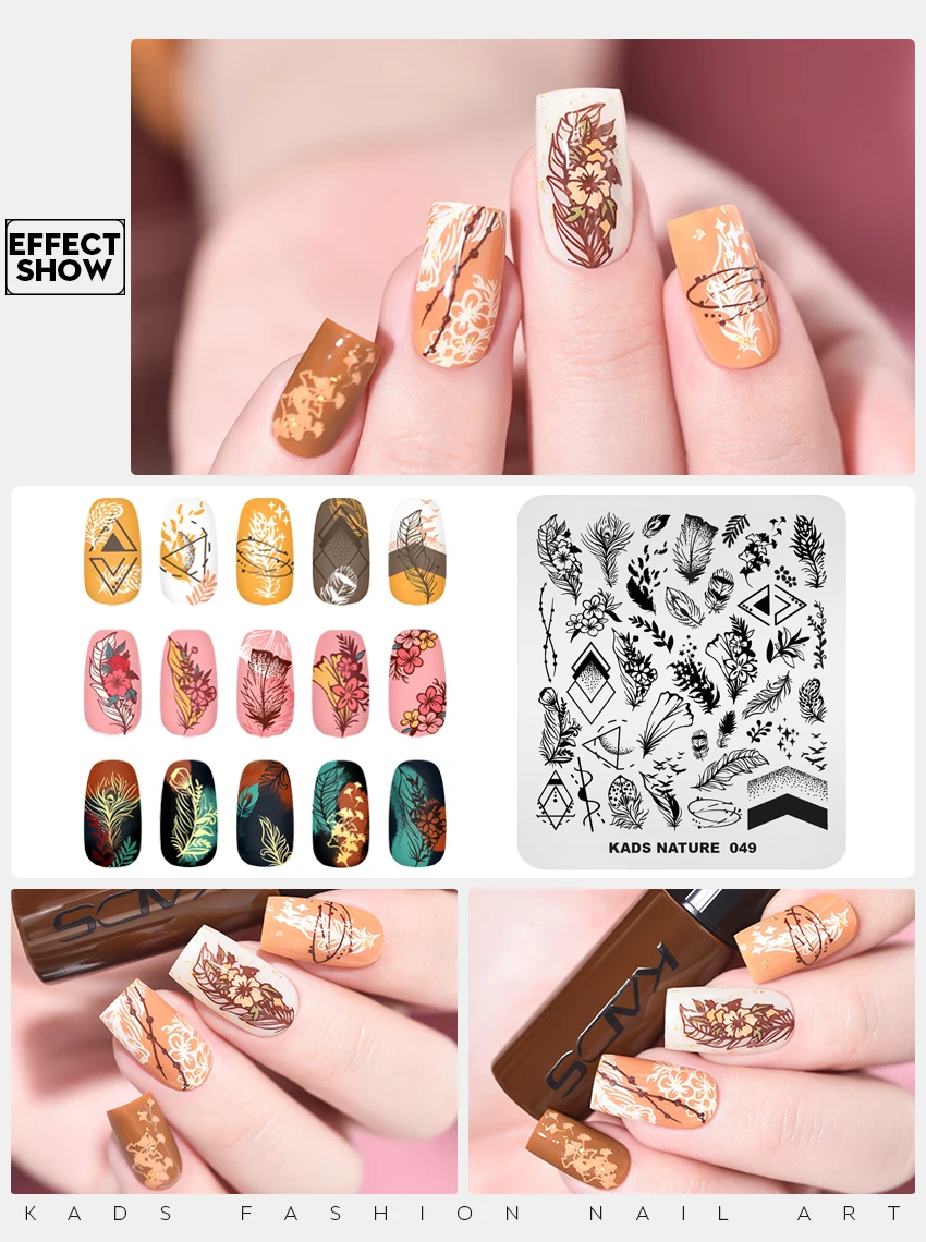 

KADS Stamping Nail Art Plates Nature 049 Nail Stamp Plate Template Flower Leaves Feather Image Printing Stencil Tool DIY Nails