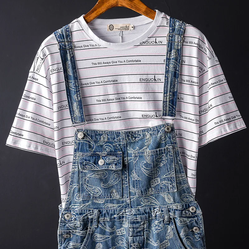 Man Bib Overalls Suspender Pants Retro Printing Jeans Loose Large Size Hip Hop Street Dance Jumpsuits Leisure Denim Trousers