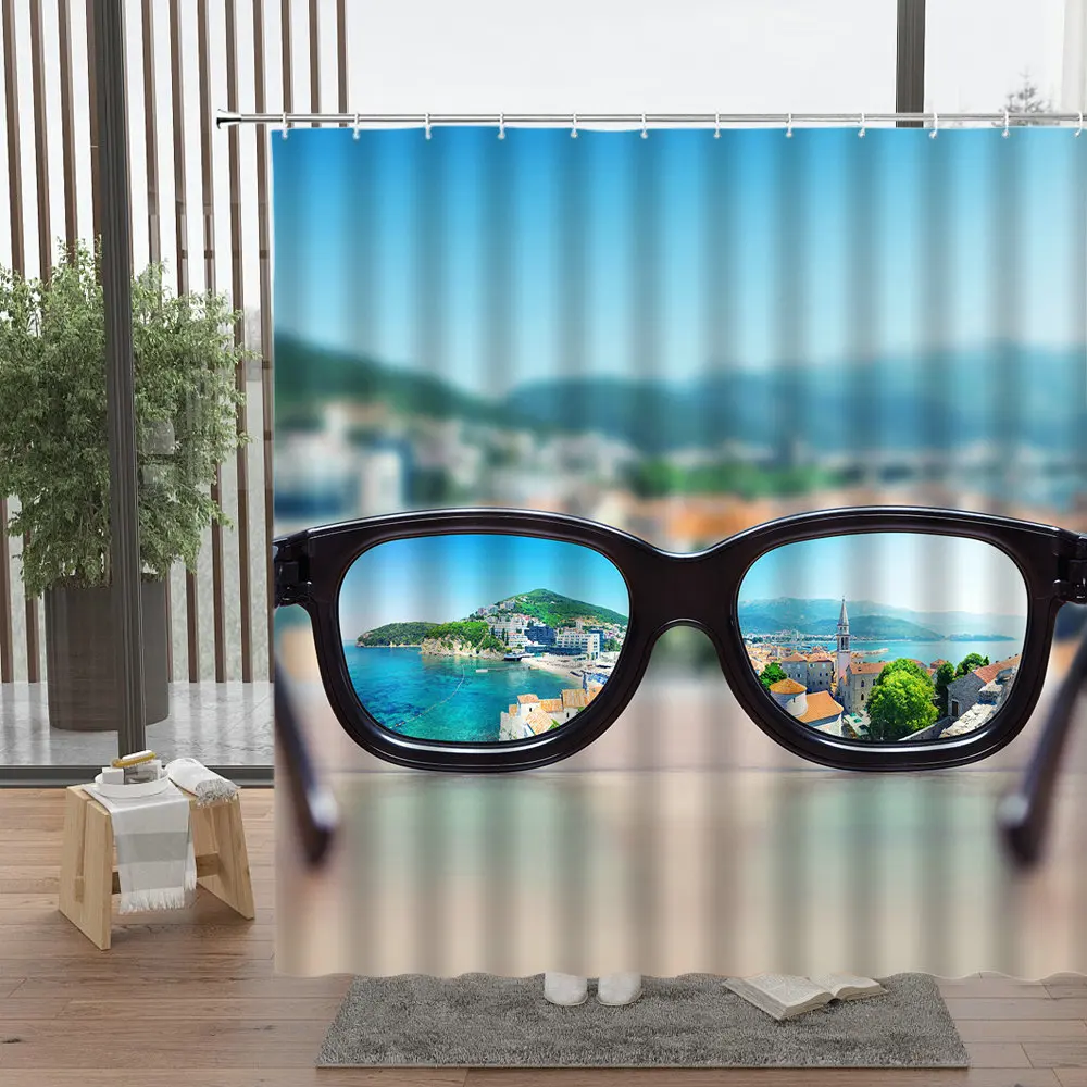 

Glasses Beach Scenery Shower Curtain Forest Sunset Architecture Bathroom Accessories Set With Hook Bath Screen Home Decor
