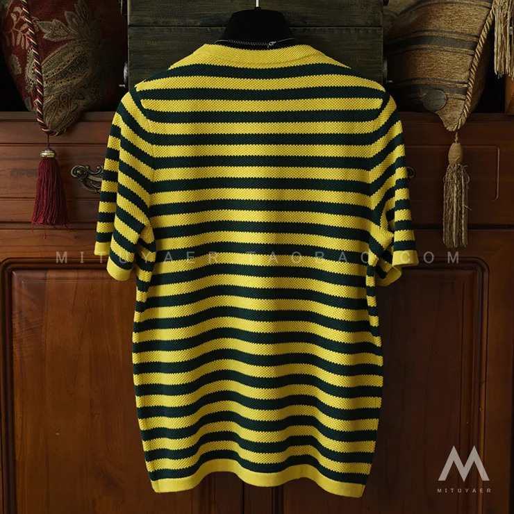

Exquisite Embroidery Beaded Small Spinach Yellow Green Striped Knitted T-shirt Women's 2020 Spring And Summer Women's Top