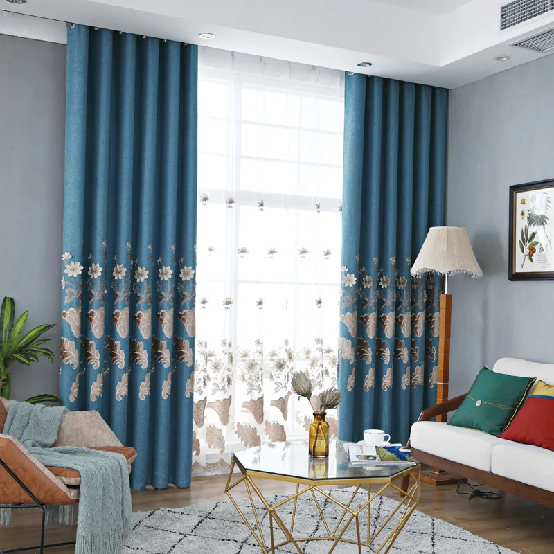 

European-American Modern Living Room Bedroom Embossed Brushed Jacquard Bottom Embroidered Blackout Curtains