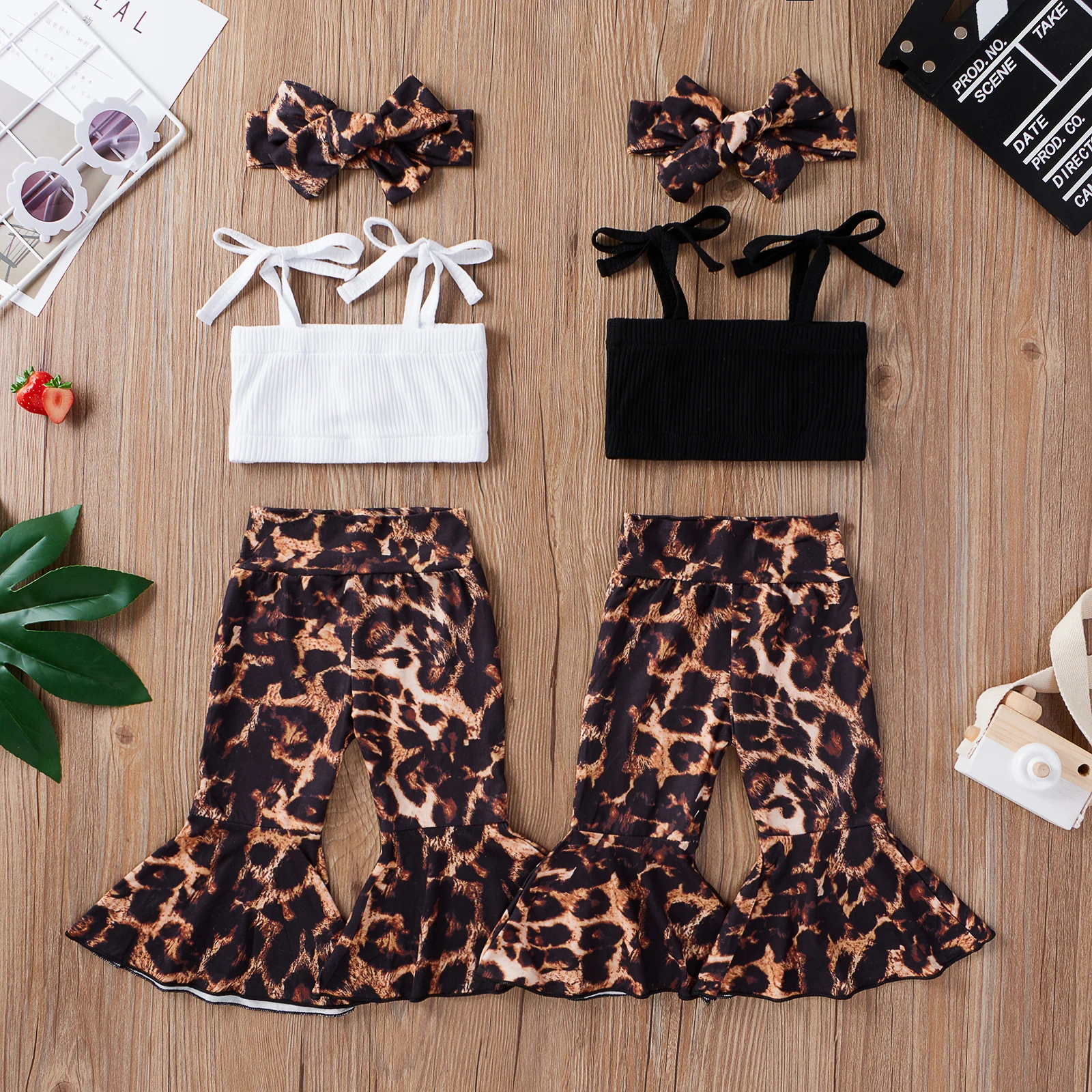 New Baby Girls Clothes Sets Summer Toddler Solid Crop Tops Cami Leopard Flare Pants Headband 3Pcs Girls Outfits 0-24M