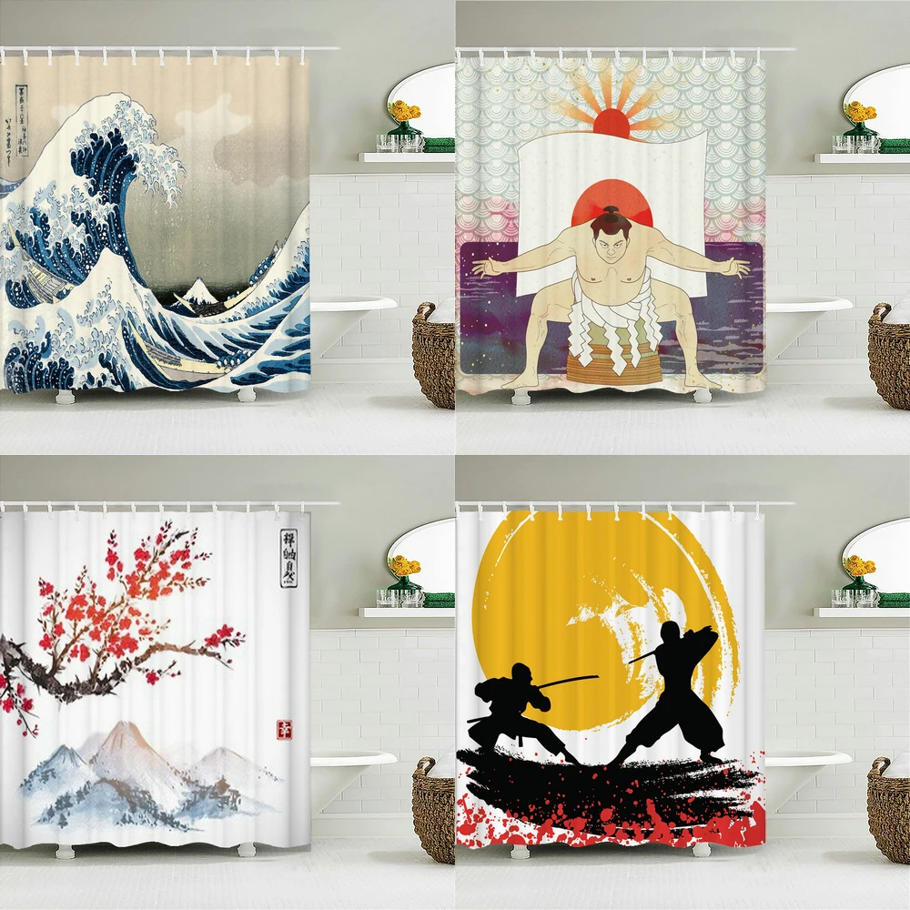 

100% Polyester Fabric Shower Curtain Japanese Painting Samurai Printing Bathroom Decoration Shower Curtain
