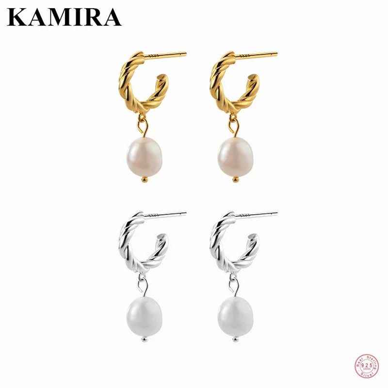 

KAMIRA 925 Sterling Silver Fashion Vintage Twist Baroque Pearl Pendant Drop Earrings for Women Party Luxury European Jewelry Hot