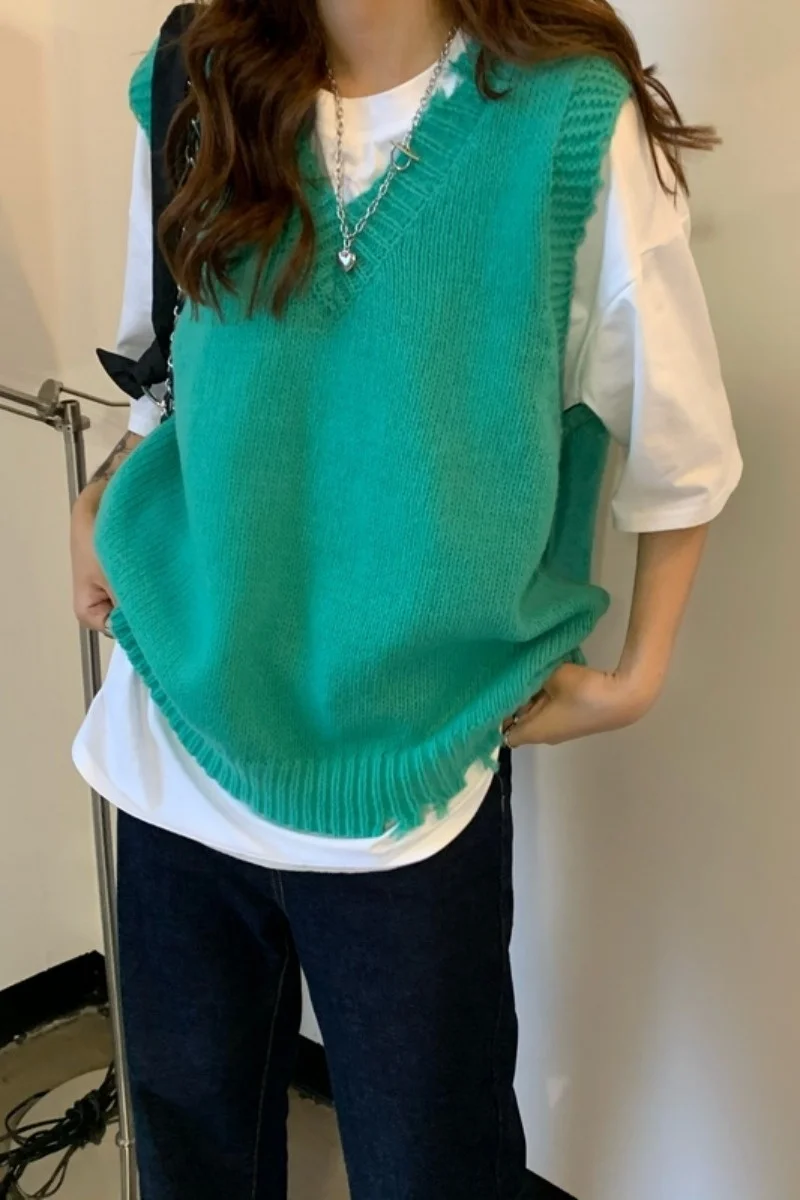 Пуловер с V-образным вырезом вязаный жилет Женская Осенняя Корейская версия