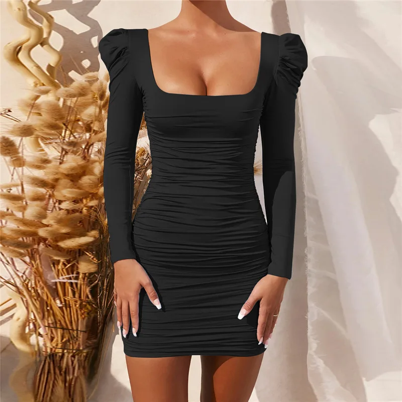 

Sexy Square Collar Women's Dress Black Backless Pleated Bandage Long Sleeve Party Dresses Female Skinny Fashion Lady Clothes
