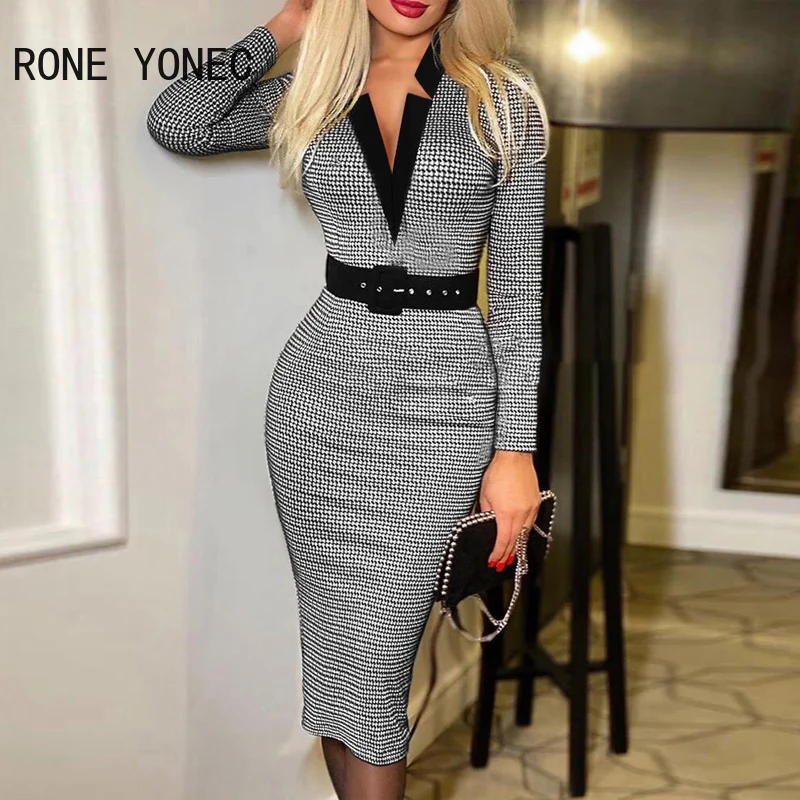 

Women Chic Elegant Working V neck Sashes Bodycon Midi Sexy Dresses