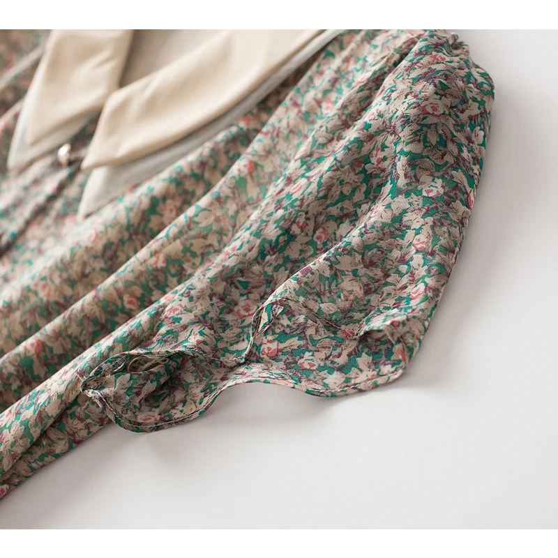 

Summer Dress 2021 Prairie Chic Green Small Flower Print Short-Sleeve Slim Long Midi Chiffon Dress Casual Out Going