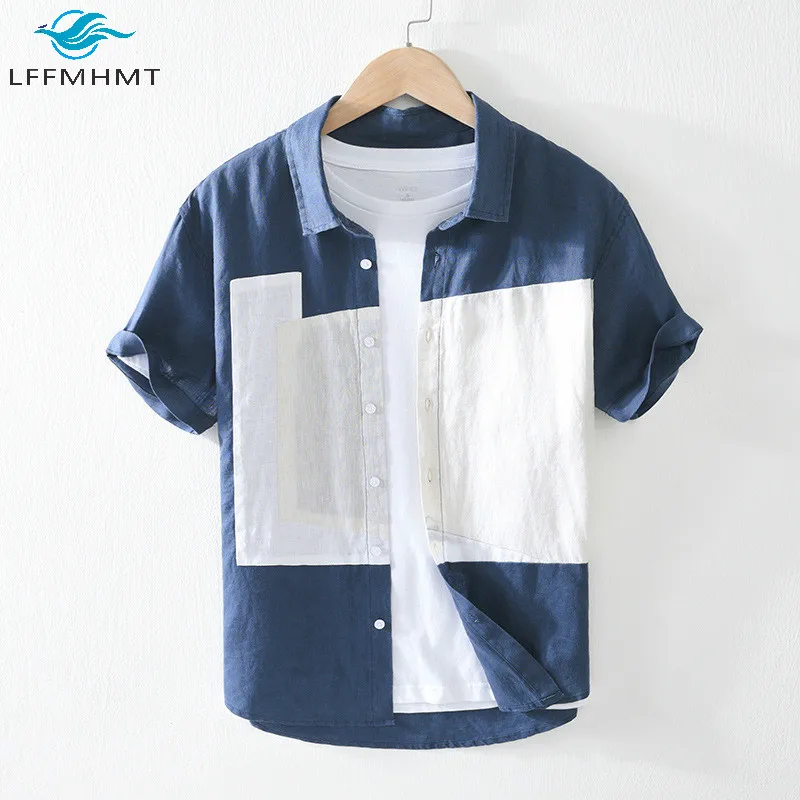 Мужские хлопковые льняные рубашки с коротким рукавом в стиле пэчворк летние
