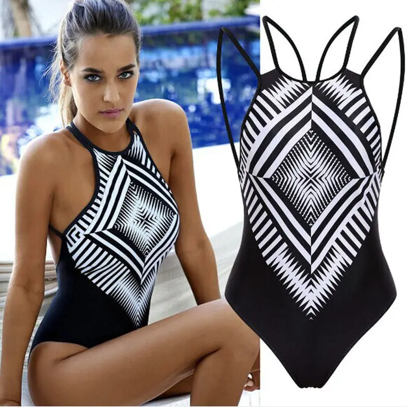 

Women Summer Bikini Casual Swimwear, Sleeveless Backless Bandage Sling Printed Jumpsuit Swimwear New Fashion 2021