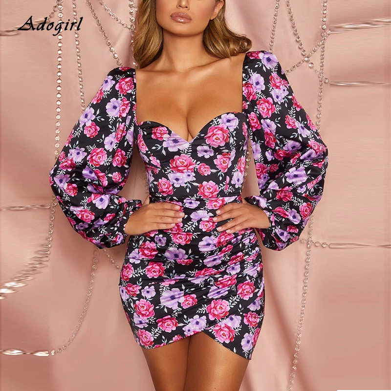 Adogirl винтажный буф рукав цветочный богемное Платье женское сексуальное с v