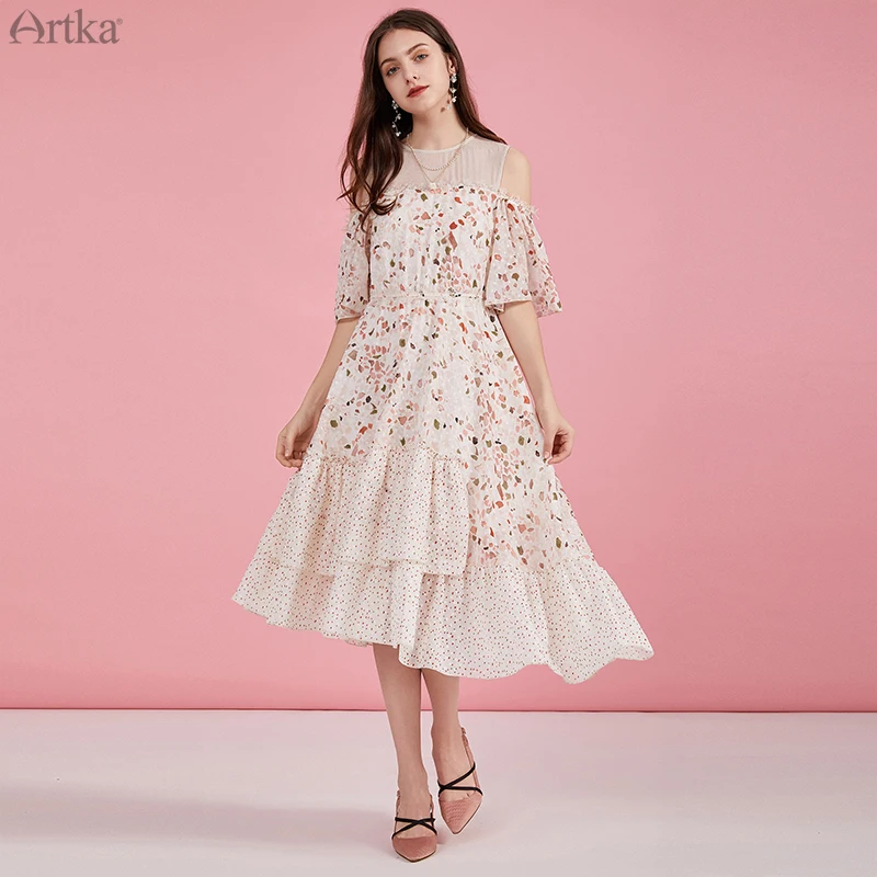 Женское шифоновое платье с винтажным принтом ARTKA Элегантное Длинное кружевное