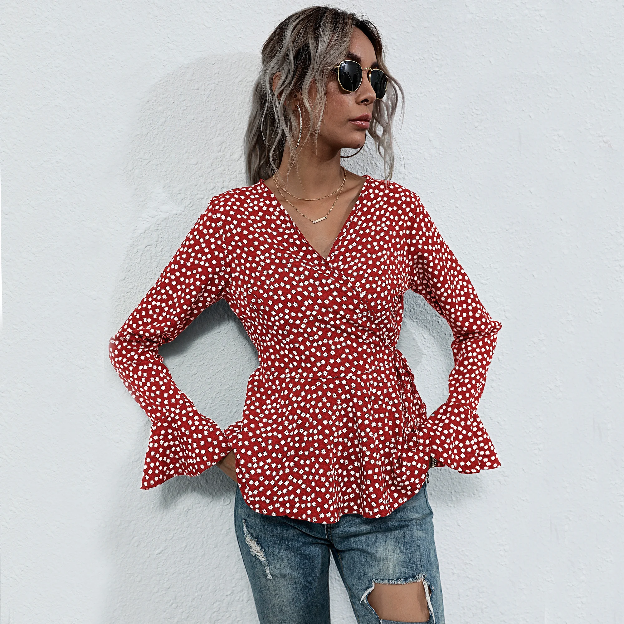 

Polka Dot Point Blouses Women Casual V Neck Butterfly Sleeve Sprint Blouse Shirt Top For Women 2021 New Fashion