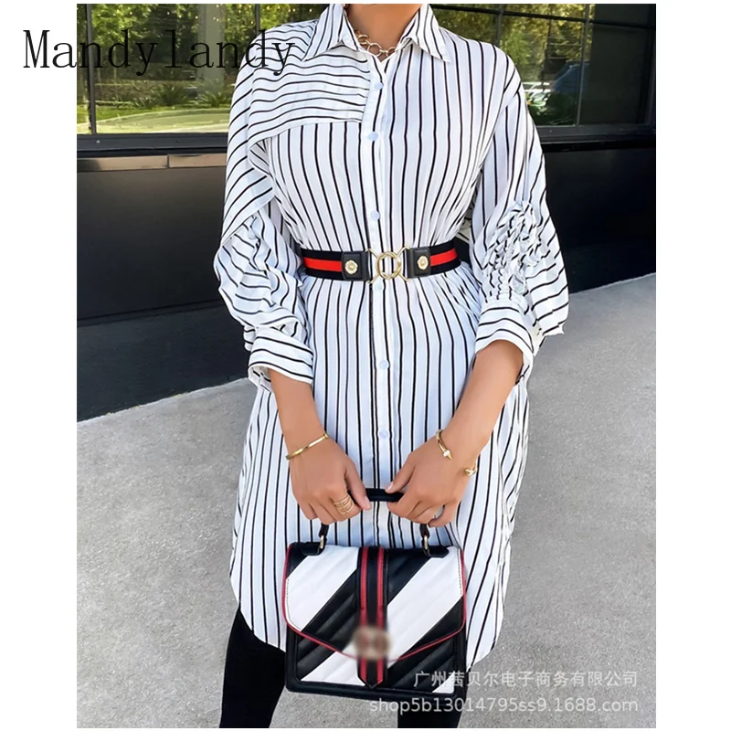 

Mandylandy Women's Elegant Stripe Shirt Dress Lady Autumn Casual Fashion Long Sleeve Turn Down Collar Single Breasted Dress