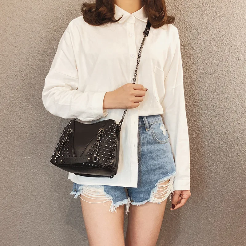 Vintage Rivet Shoulder Bag Female Small Bags For Women Handbags Punk Handbag Leather Messenger Purses Chain Clutch | Багаж и сумки