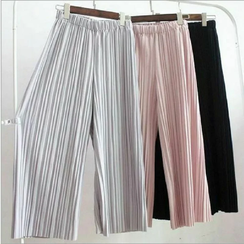

2019 Summer Solid Pleated Chiffon Flax Wide Leg Pants Ladies High Waist Elastic Trousers Female Casual Culottes Pants Holiday