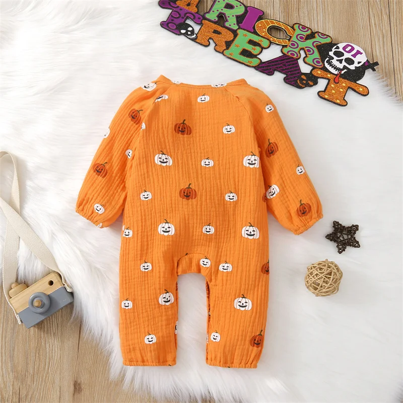 

Baby Halloween Jumpsuit Pumpkin Print O-Neck Long Sleeve Romper with Buttons for Toddler Girls Boys 0-18 Months Baby Clothing