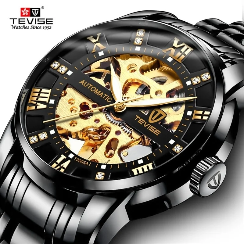 Tevise Brand Watch Men Automatic Mechanical Gold Skeleton Vintage Man Mens Top Luxury Clock Relojes 9005 | Наручные часы