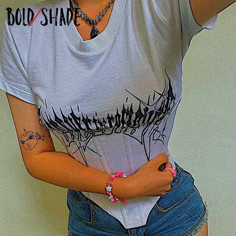 

Bold Shade Grunge 90s Slim Tee Shirts Short Sleeve O-neck Graphic Printing Gothic White T-shirts Basic Slim Women Vintage Tops