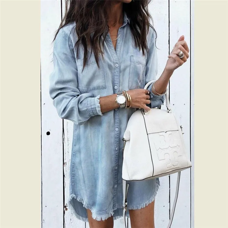 Women Denim Tunic Shirt Top Long sleeve Autumn High Low Blouse | Женская одежда