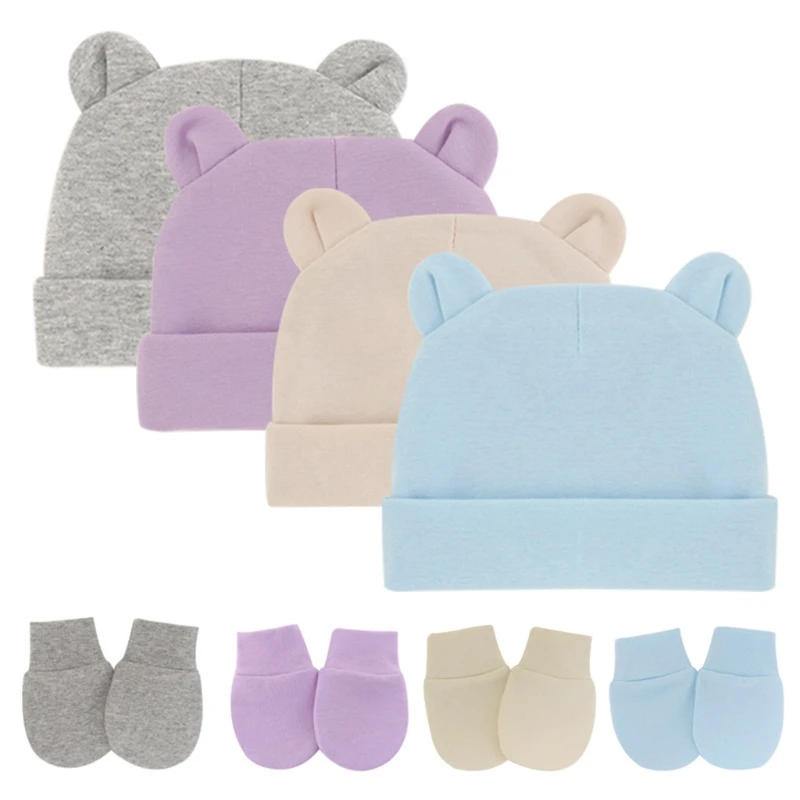 

Newborn Baby Cotton Beanies Hospital Hat and Mittens Set Solid Candy Color Stretchy Infant Warm Anti Scratching Gloves 0-1
