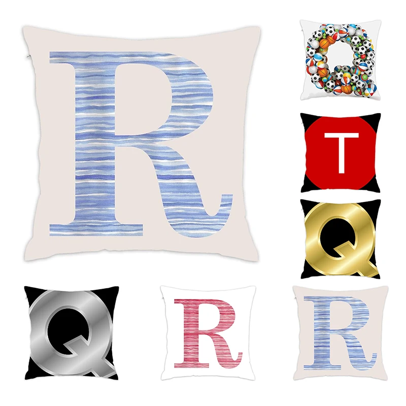 

[Douladou] Letter R Blue Watercolor Stripes Decorative Pillows Home Decor Pillow Case Eco-Friendly Printed Cushion Cover 45x45cm