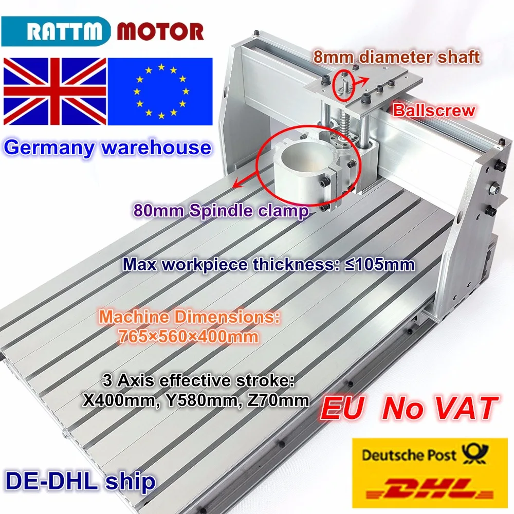 EU ship Free VAT 6040 CNC Router Milling Machine frame Ballscrew Mechanical Kit Screw Aluminum 80mm Spindle motor Clamp for DIY