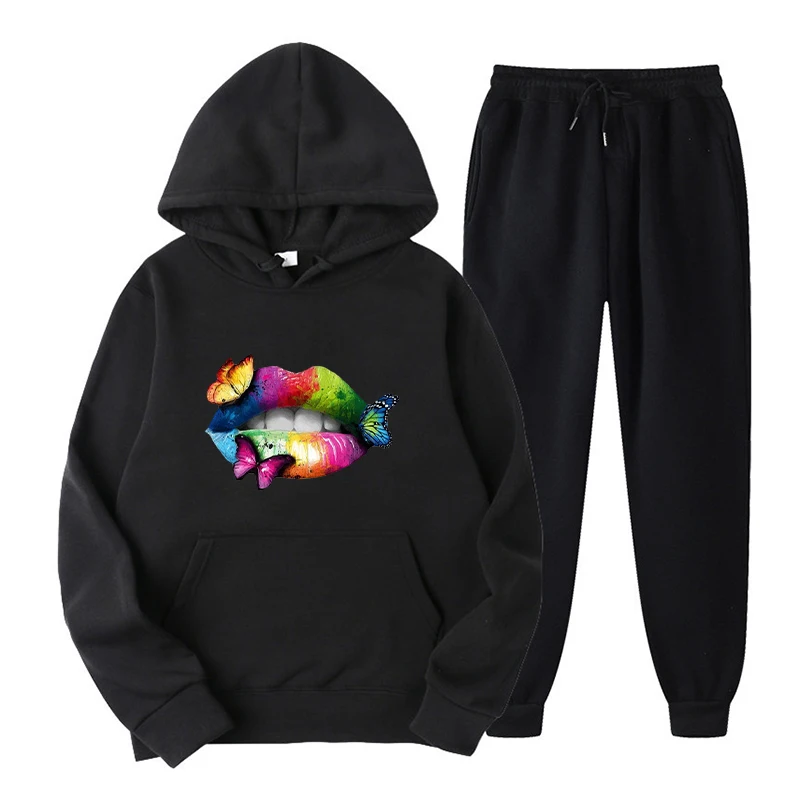 

2 Piece Sets Outfits Hoodie Butterfly Sexy Lips Print Casual Womens Pants Tracksuit Streetwear Autumn Winter Solid Color Clothes