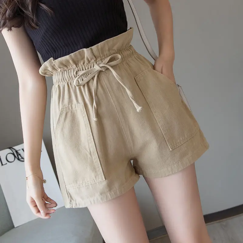 

Denim shorts women's high waist 2021 summer new Korean version loose and thin elastic waist A line wide leg pants student trend