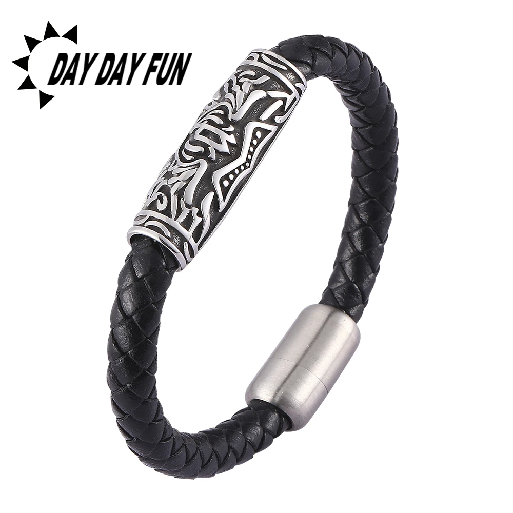 Панк Черный кожаный плетеный браслет Мужские Винтажные Ювелирные изделия из