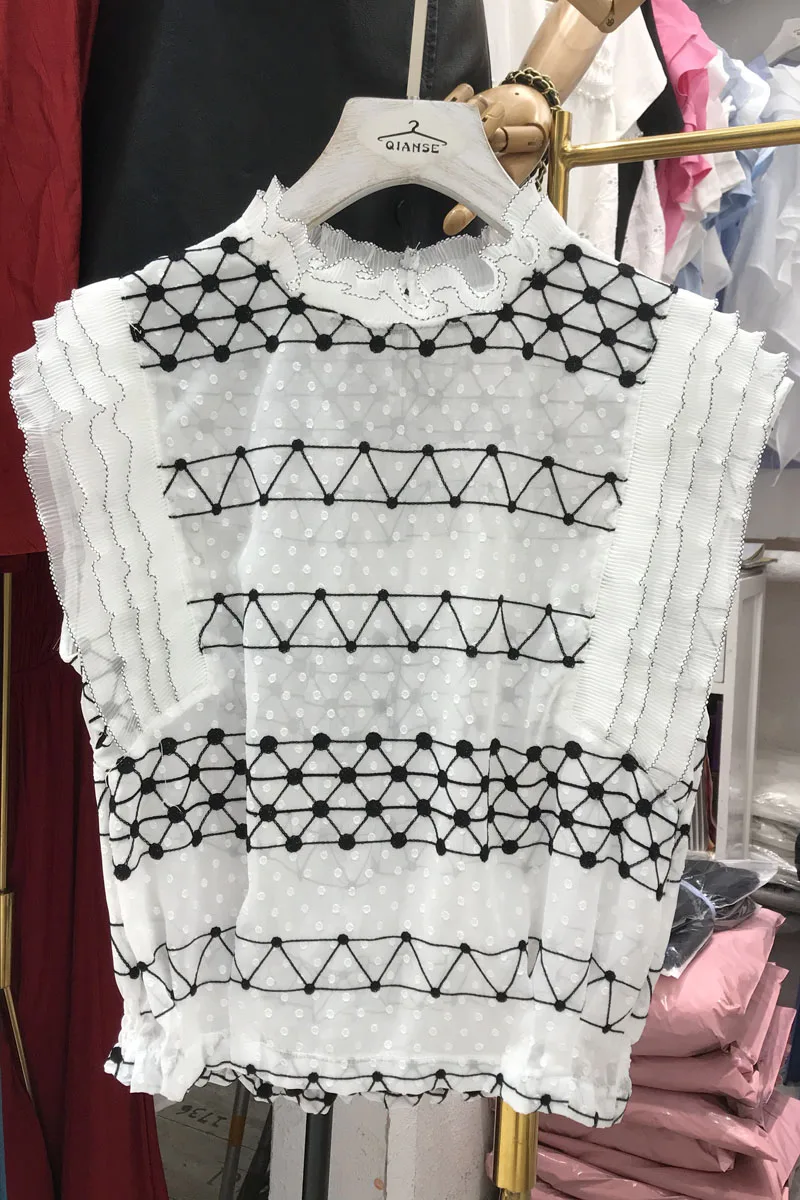 

2021 Summer New French Pleated Stringy Stand Collar Thin See-through Sleeveless Bright Line Embroidered Blouse Women's Top