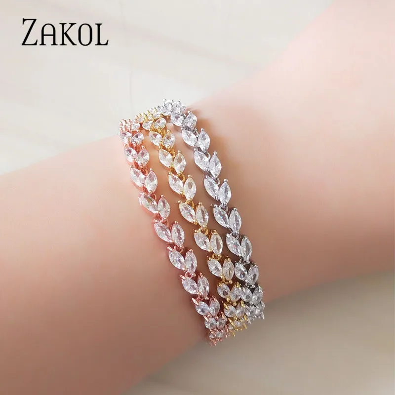 ZAKOL модные ювелирные изделия невесты прозрачный CZ кристалл лист очарование кубического циркония Регулируемая цепь браслеты для женщин FSBP2041