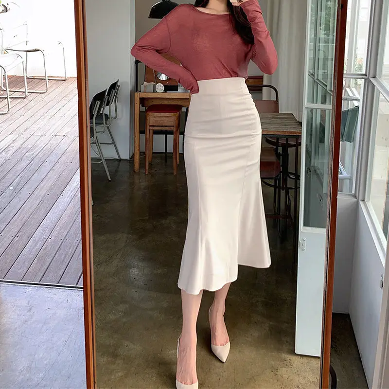 

2022 New Summer Women Sexy Chic Mid-Calf High Waist Mermaid Ruffles OL Skirt Ladies Solid All-Match Stetch Package Hip Skirt Z77