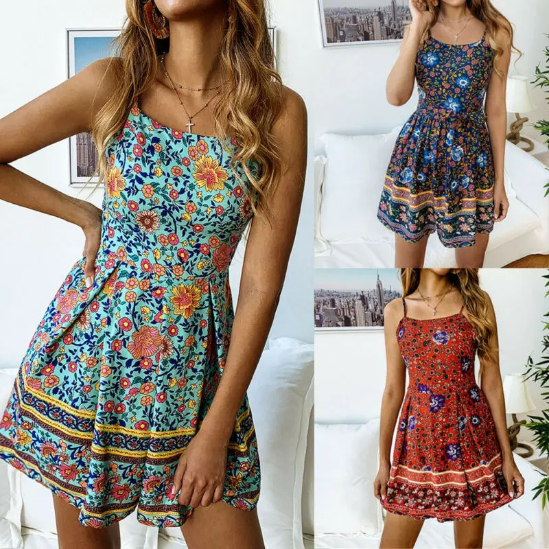 Богемное винтажное женское пляжное платье Цветочный комбинезон сексуальное