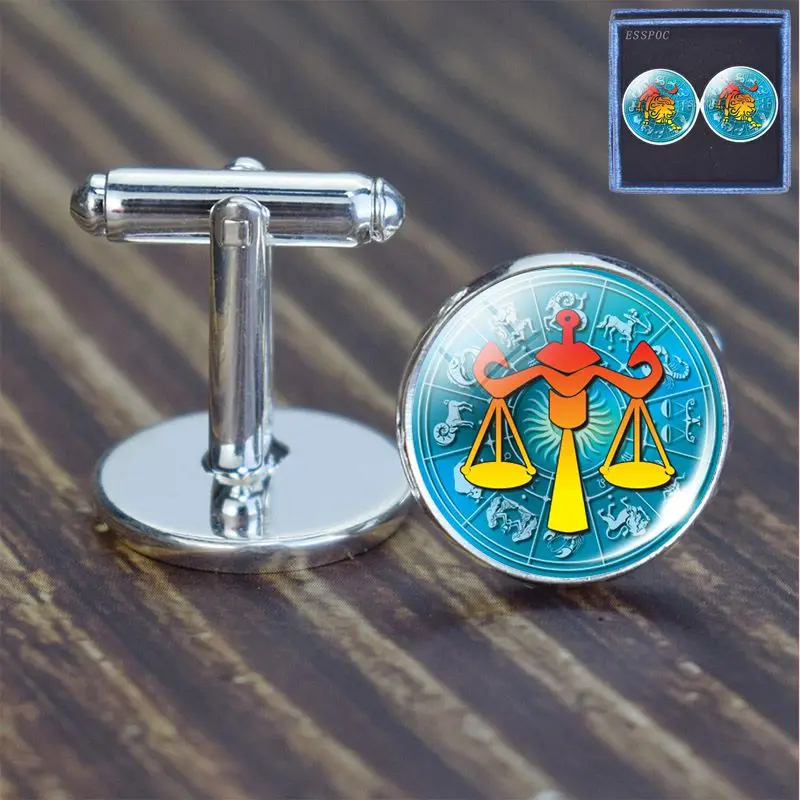 

12 Constellation Men's Cufflinks Glass Cabochon Silver Plated Zodiac Sign Shirt Cufflinks Jewelry Fashion Men's Wedding Gifts
