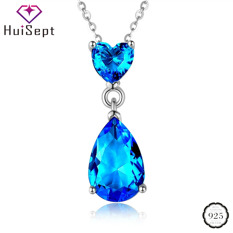 

HuiSept Trendy 925 Silver Jewelry Necklace Water Drop Heart-shape Sapphire Gemstone Pendant Ornament for Women Wedding Wholesale