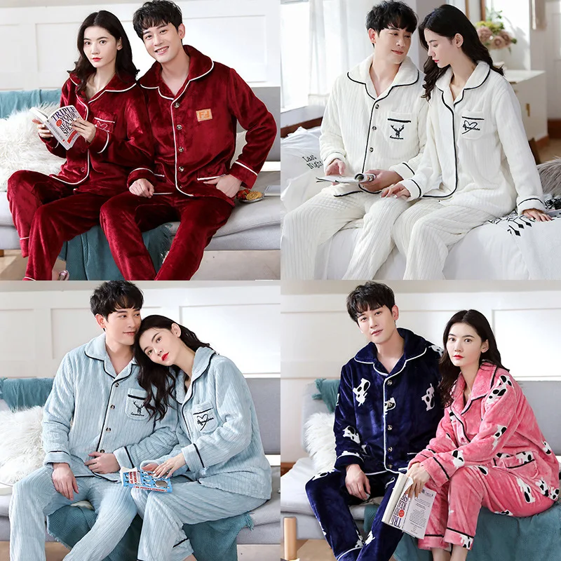 

Couple Flannel Sleepwear Winter New Pajamas Suit Casual Home Wear Warm Pyjamas Nightwear Women 2PCS Shirt&Pants Loose Sleep Set