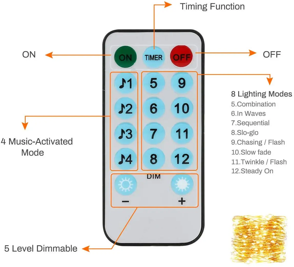 

33ft USB 10M LED Copper String Light with Remote Control Waterproof Music Sound-activated Holiday Lighting for Christmas Decor