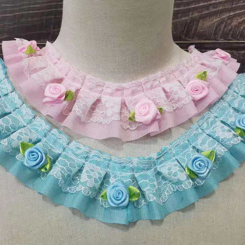 

1Yards Pleated Guipure Flower Rose 5cm Lace Material Embroidery Ribbon Wedding Dress Blue Pink Lace Fabric Sewing Clothing LA23