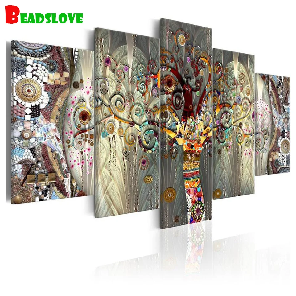 

5 Pieces Gorgeous abstract fortune tree picture of rhinestone embroidery mosaic diamond full square 5 d diamond painting scenery