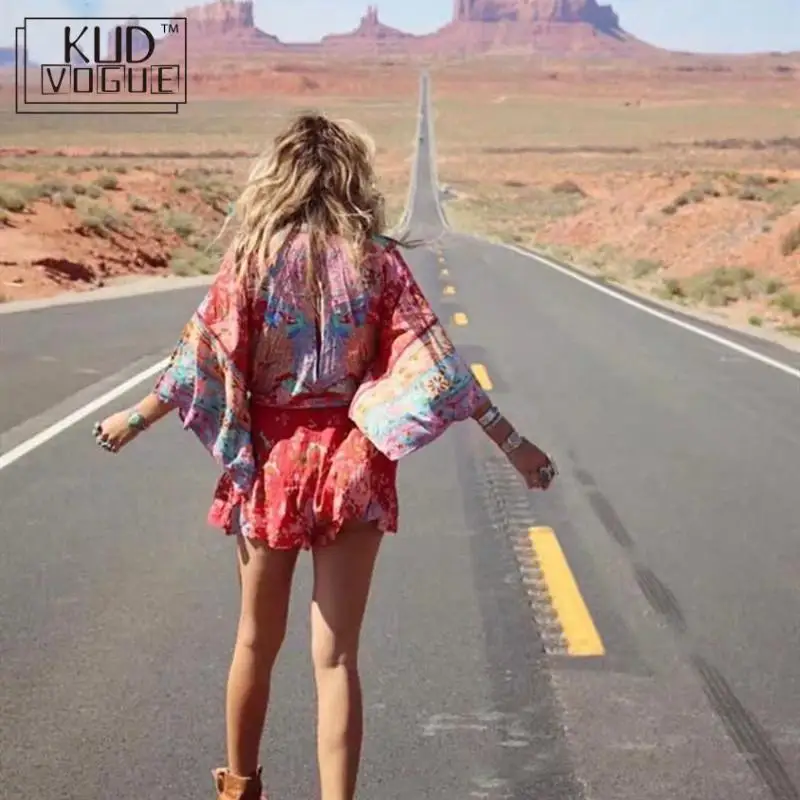 Boho красный цветочный принт рукав летучая мышь женское кимоно сексуальный