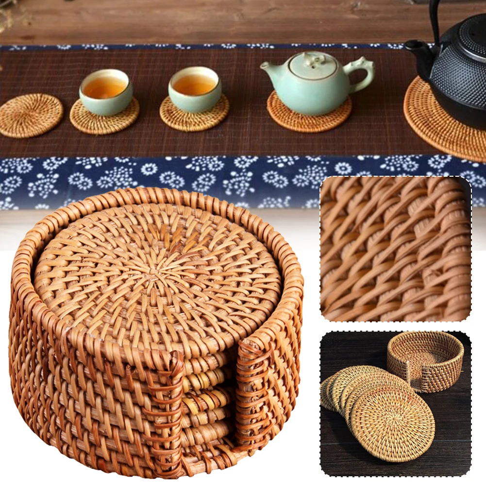 

6pcs Rattan Coaster Handcrafted Woven Multi-use Heat Insulation Anti Scald Round Tea Cup Mat Pot Cushion Pad with Holder