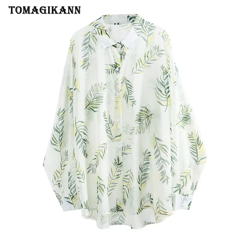 Однотонные блузки с принтом листьев женские модные Прозрачные рубашки длинными