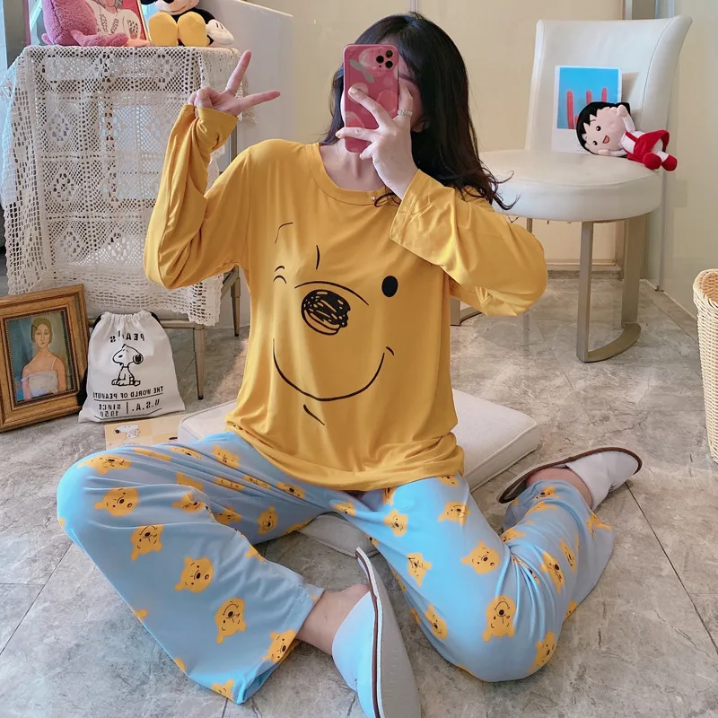 

2Pcs Disney Cartoon Women Long Sleeve Pajama Set Mickey Minnie Sleepwear Princess Printing Sweet Cute Stripe Homewear Night Suit