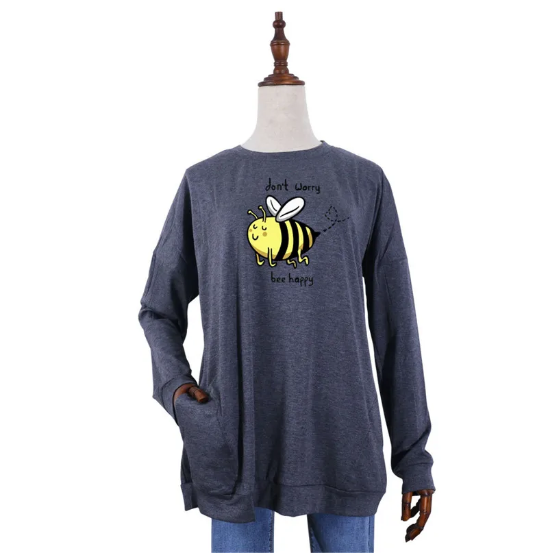 

Don't Worry Bee Happy Print Sweatshirt Women Casual O-neck Oversized Hoodie Long Batwing Sleeve Shirt Pockets Female Hoodies Top