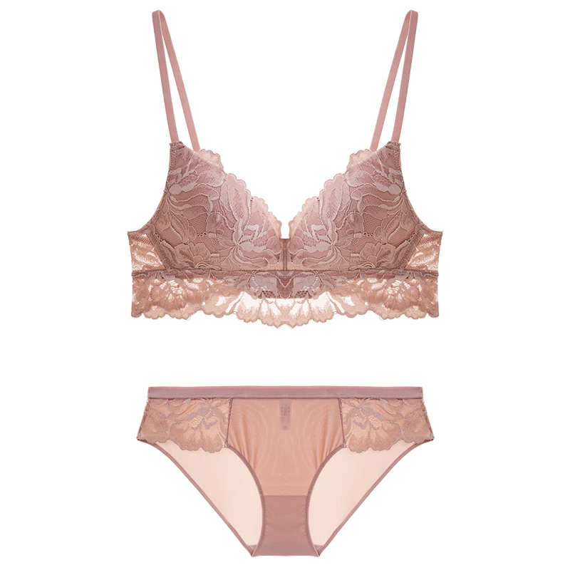 2 Piece Sets Floral Lace Bra And Panty Set For Women Triangle Wireless Thin Push Up Girls Bralette Embroidery Sexy Lingerie Pink