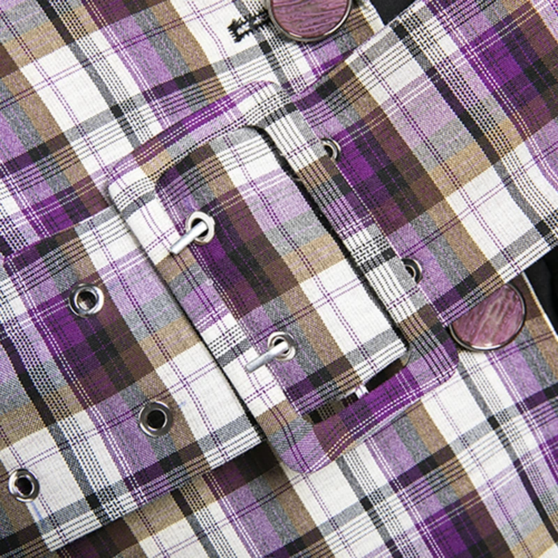 

LANMREM Asymmetric Purple Plaid Dress Women's 2021 Spring Long Sleeve Button Patchwork Irregular Elegant Dress Female 2D1137