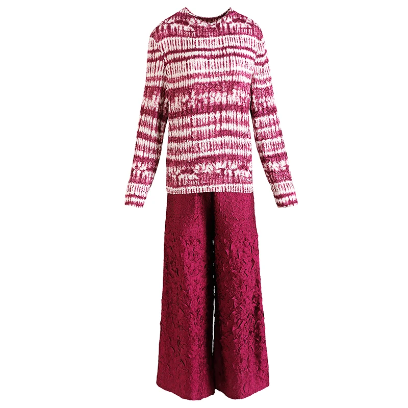 

Pant Suits For Women Plus Size 45-75kg 2021 Spring New Fashion Miyake Pleat Long Sleeve Top + Wide Leg Pants Casual 2 PCS Set