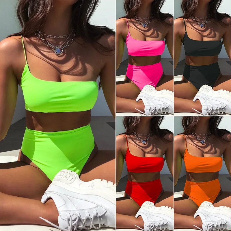 

waist bikinis 2020 mujer Neon swimsuit female one shoulder swimwear women Bandeau top Sexy green bathing suit bathers