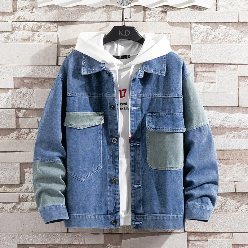 

Men's denim jacket 2021 spring and autumn fashion loose patchwork cargo jacket Korean version casual wear clothes
